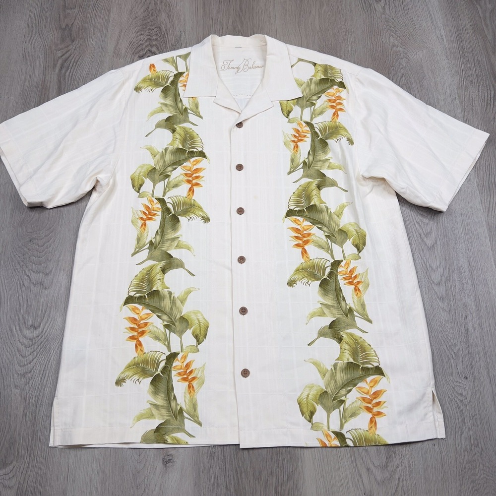 Tommy Bahama Short Sleeve Button Up Shirt Mens Size Large Ivory 100% Silk Floral
